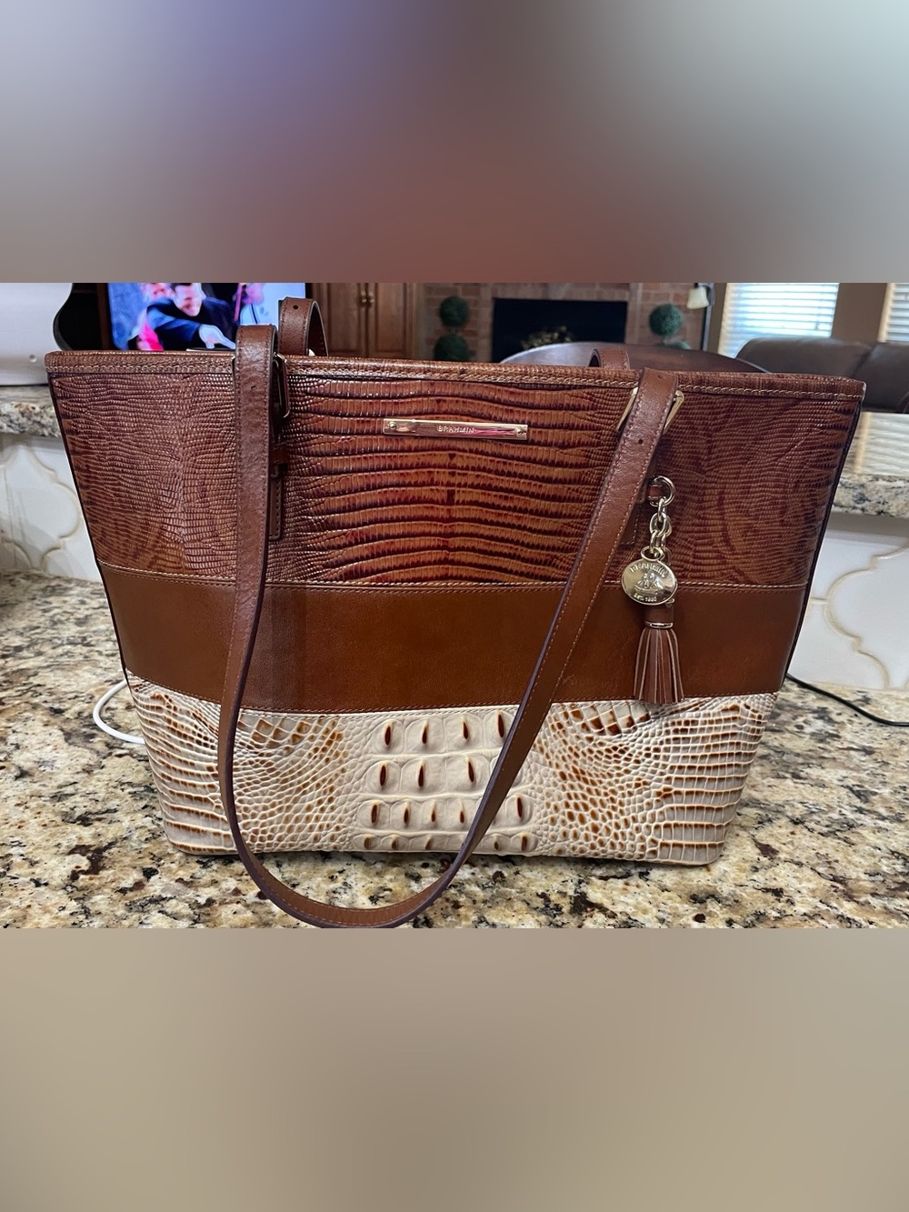 Brahmin Brown and Cream Croc-Embossed Leather Tote with Tassel Charm